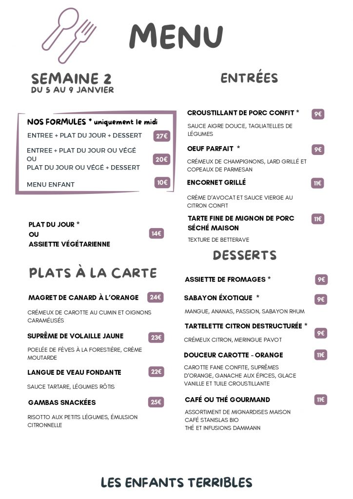 carte restaurant les enfants terribles du 5 au 9 janvier