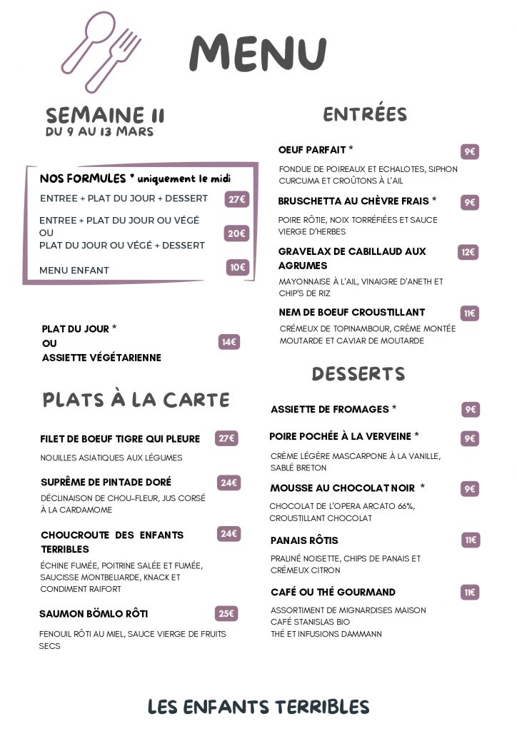 menu du restaurant du 9 au 13 mars 2026