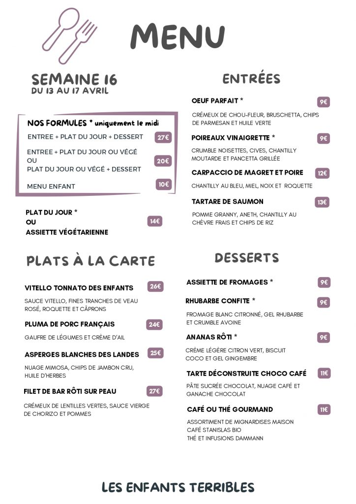 carte du 13 au 17 avril restaurant les enfants terribles