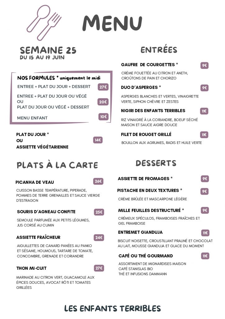 carte du 8 AU 12 JUIN 2026 restaurant les enfants terribles