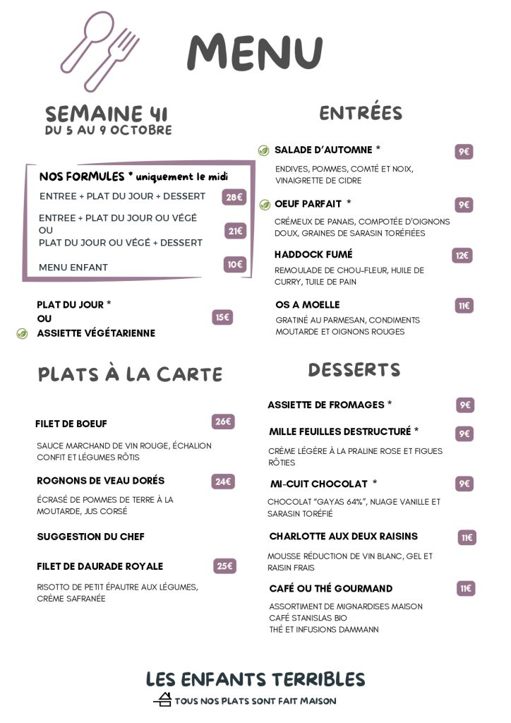 carte du 5 AU 9 octobre 2026 restaurant les enfants terribles